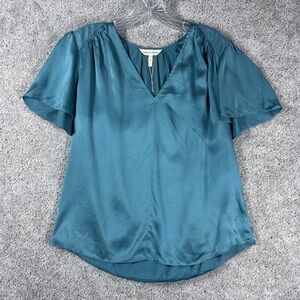Rebecca‎ Taylor SS Charmeuse Teal Silk V Neck Flutter Sleeve Blouse Top Size 6